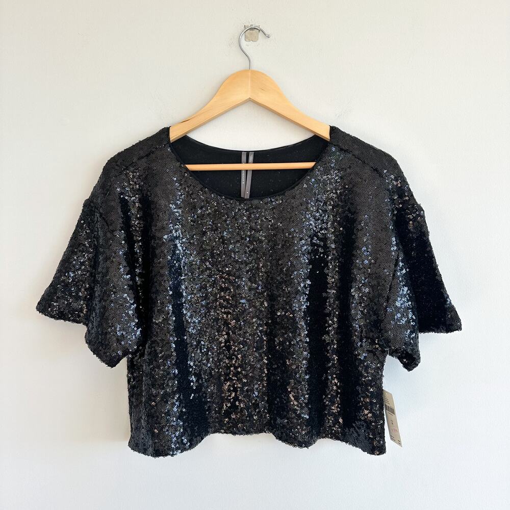 Anthropologie Sequin Embellished Short Sleeve Crop Top Black M NWT